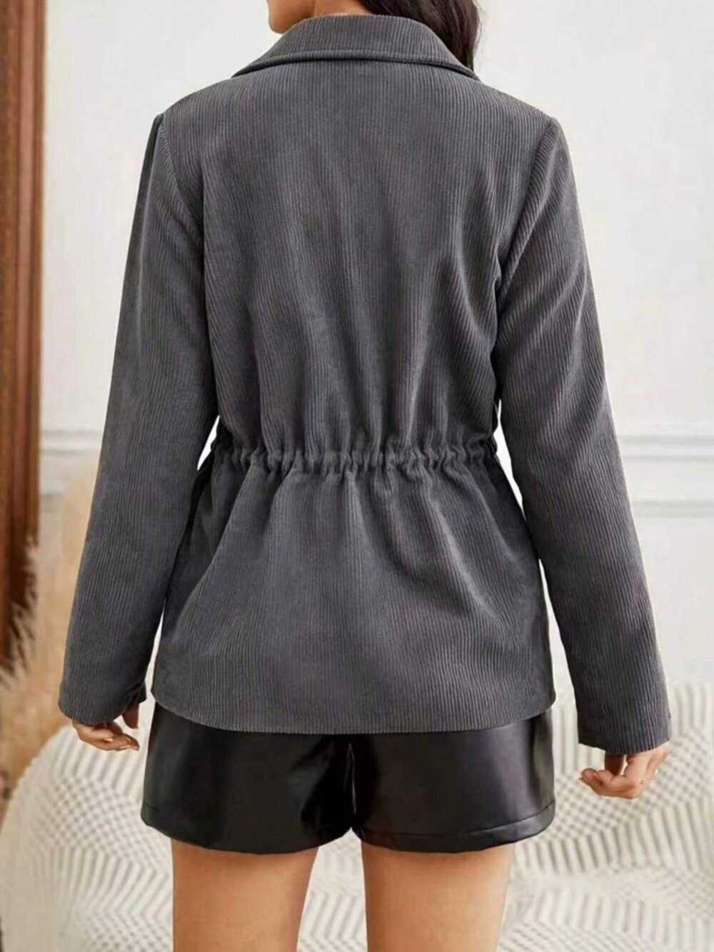 Grey Casual Women's Corduroy Shacket with Drawstring Waist and Button-Up Collar - Picture 2 of 4